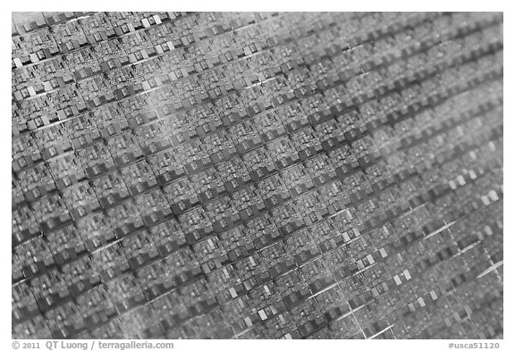Panel of silicon chips, Intel Museum. Santa Clara,  California, USA (black and white)