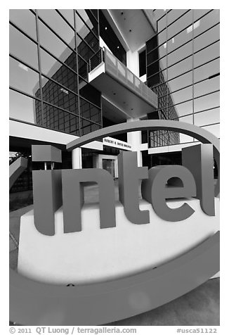 Intel sign and Robert Noyce building. Santa Clara,  California, USA (black and white)
