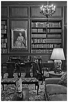 Antique furniture and bookshelves, Filoli estate. Woodside,  California, USA (black and white)