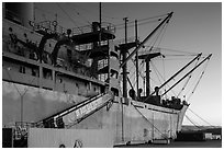 Victory and Liberty ship at dusk, Rosie the Riveter/World War II Home Front National Historical Park. Richmond, California, USA ( black and white)