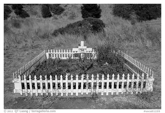 Grave of Blackie (horse), Tiburon. California, USA (black and white)