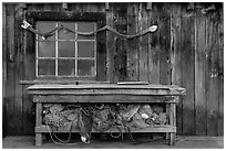 Shed with fishing gear and Chinese dragon, China Camp State Park. San Pablo Bay, California, USA ( black and white)