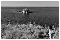 Girl on San Pablo Bay grassy shore, China Camp State Park. San Pablo Bay, California, USA ( black and white)
