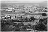 Orchards, fields, and houses from above, Morgan Hill. California, USA (black and white)