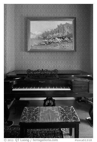 Piano and landscape painting, John Muir Home, John Muir National Historic Site. Martinez, California, USA (black and white)