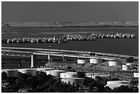 Oil tanks, Carquinez Strait, and mothball fleet. Martinez, California, USA ( black and white)
