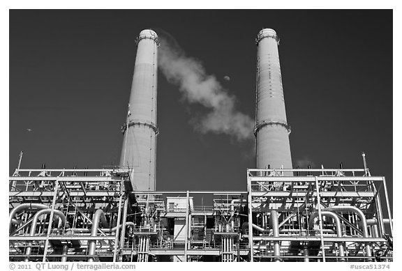 Natural gas powered electricity generation plant, Moss Landing. California, USA (black and white)