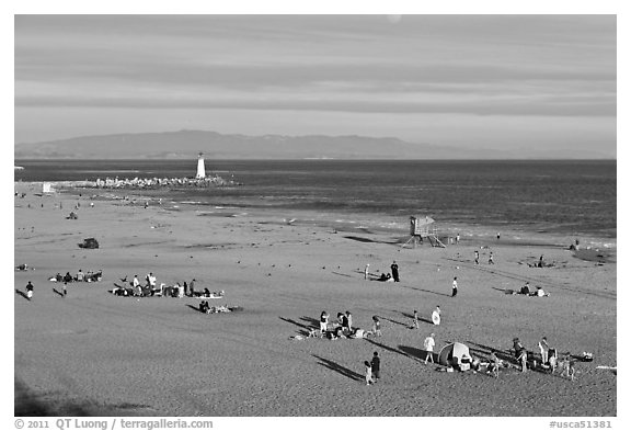Beach and lighthouse, afternoon. Santa Cruz, California, USA (black and white)