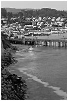 Fishing Pier and village at dusk. Capitola, California, USA (black and white)