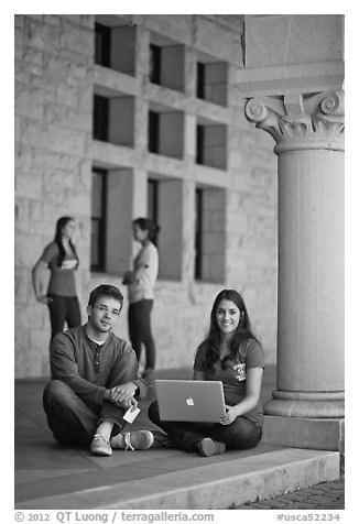 Stanford students. Stanford University, California, USA (black and white)