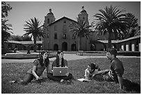 Students on lawn. Stanford University, California, USA ( black and white)