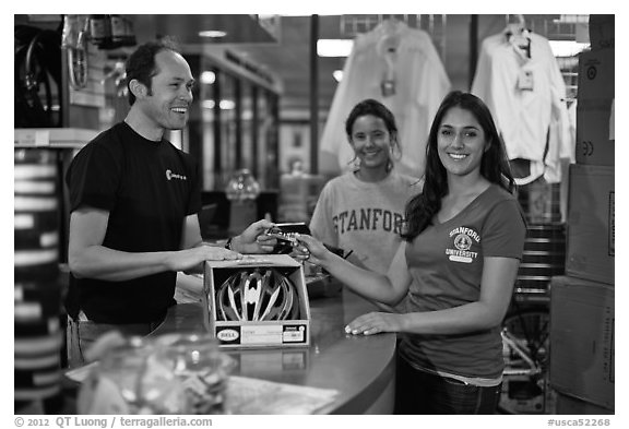 Credit card transaction, Campus Bike Shop. Stanford University, California, USA (black and white)