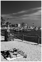 Women sunning on beach near harbor, Avalon, Catalina. California, USA (black and white)