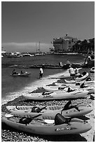 Sea kayaks and casino, Avalon Bay, Catalina Island. California, USA ( black and white)