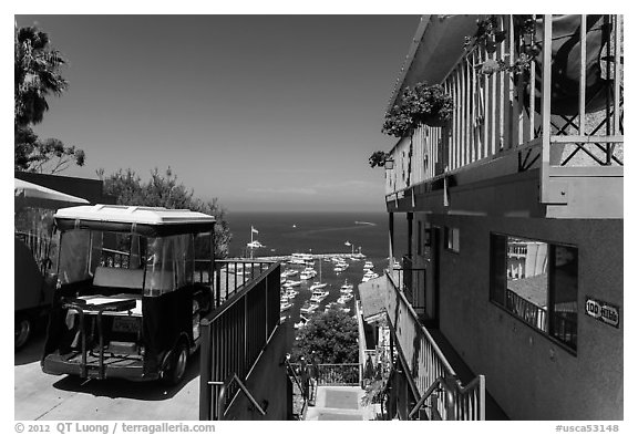 House and golf cart overlooking harbor, Avalon, Santa Catalina Island. California, USA (black and white)