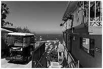 House and golf cart overlooking harbor, Avalon, Santa Catalina Island. California, USA ( black and white)