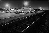Railroad tracks and restaurant at night, Alviso. San Jose, California, USA ( black and white)