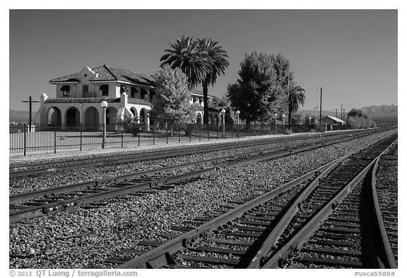 Kelso Depot across railroad tracks. Mojave National Preserve, California, USA (black and white)
