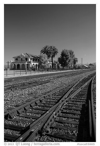 Railroad tracks and siding of Kelso. Mojave National Preserve, California, USA (black and white)