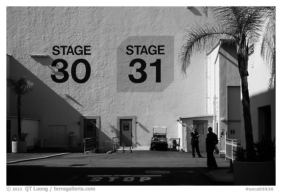 Shadows outside the sound stages, Studios at Paramount lot. Hollywood, Los Angeles, California, USA