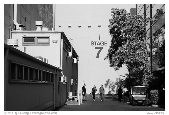 Outside huge stage buildings, Studios at Paramount. Hollywood, Los Angeles, California, USA (black and white)