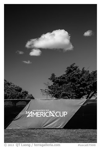 34th Americas cup sign, trees, and clouds. San Francisco, California, USA (black and white)