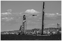 USA boat gaining on New Zealand boat during upwind leg of America's cup decisive race. San Francisco, California, USA (black and white)
