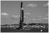 Oracle Team USA AC72 America's cup boat and Alcatraz Island. San Francisco, California, USA (black and white)