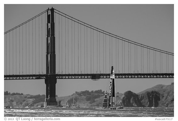 Oracle Team USA boat in front of Golden Gate Bridge during Sept 25 final race. San Francisco, California, USA (black and white)