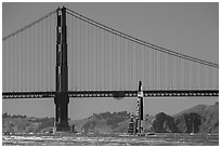 Oracle Team USA boat in front of Golden Gate Bridge during Sept 25 final race. San Francisco, California, USA ( black and white)