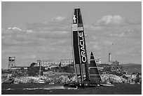 Oracle Team USA 17 boat sails to victory in front of Alcatraz during winner-take-all race. San Francisco, California, USA (black and white)