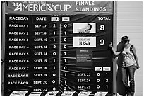 Woman with patriotic gear standing next to final scoreboard. San Francisco, California, USA (black and white)