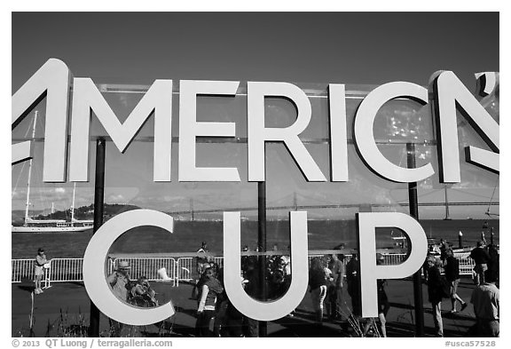 Bay Bridge seen through America's Cup log at America's Cup Park. San Francisco, California, USA (black and white)