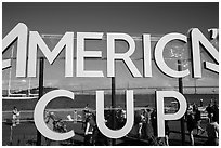 Bay Bridge seen through America's Cup log at America's Cup Park. San Francisco, California, USA (black and white)
