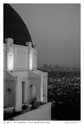 Griffith Observatory and downtown skyline at dusk. Los Angeles, California, USA (black and white)