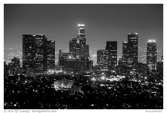 Skyline at night from above. Los Angeles, California, USA (black and white)