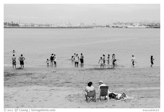 Cabrillo Beach and Long Island Harbor, San Pedro. Los Angeles, California, USA (black and white)
