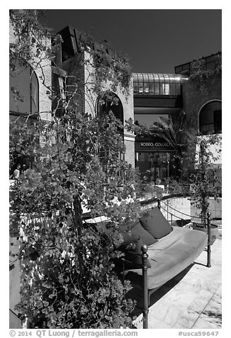Red flowers and bench with pillows in shopping area. Beverly Hills, Los Angeles, California, USA (black and white)