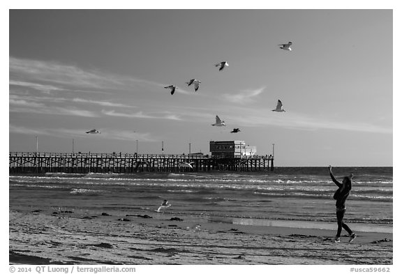 Woman and seagulls in front of Newport Pier. Newport Beach, Orange County, California, USA (black and white)