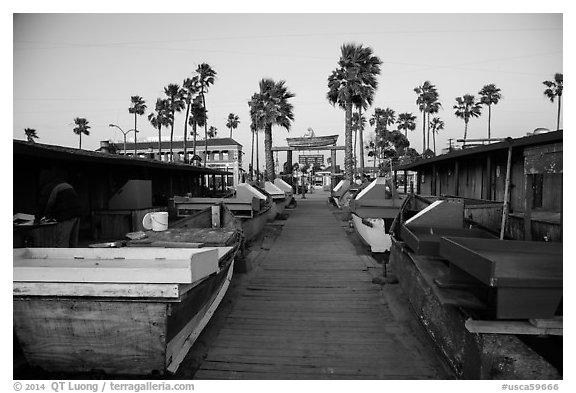 Dory Fishing Fleet market. Newport Beach, Orange County, California, USA (black and white)