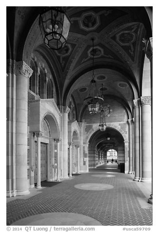 Gallery in Romanesque Revival style original building, UCLA, Westwood. Los Angeles, California, USA (black and white)