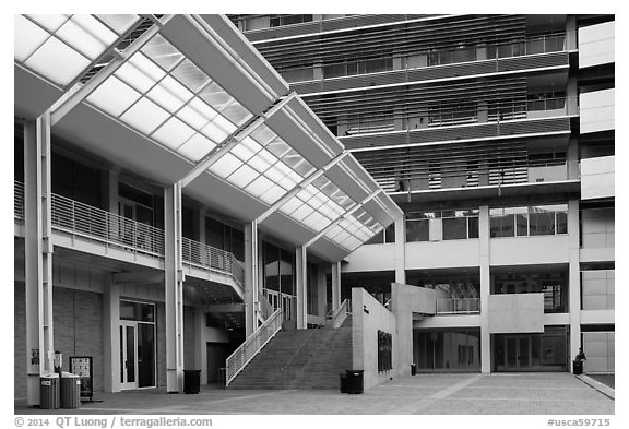 Modern buildings, University of California at Los Angeles, Westwood. Los Angeles, California, USA (black and white)