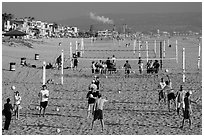 Beach Volleyball class, Manhattan Beach. Los Angeles, California, USA ( black and white)