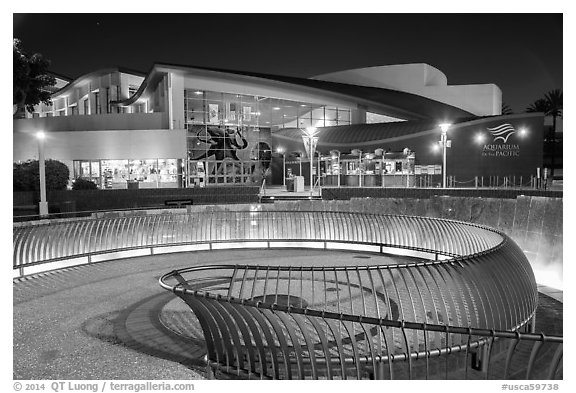 Aquarium of the Pacific facade at night. Long Beach, Los Angeles, California, USA (black and white)