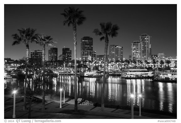 Skyline at harbor at night. Long Beach, Los Angeles, California, USA (black and white)