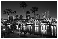 Skyline at harbor at night. Long Beach, Los Angeles, California, USA ( black and white)