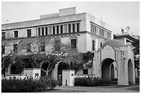 Ornate building and arch on Caltech campus. Pasadena, Los Angeles, California, USA ( black and white)