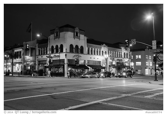 Downtown at night. Pasadena, Los Angeles, California, USA (black and white)