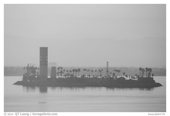 Islet at sunrise in harbor. Long Beach, Los Angeles, California, USA (black and white)