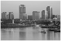 Harbor, lighthouse, and highrises. Long Beach, Los Angeles, California, USA ( black and white)